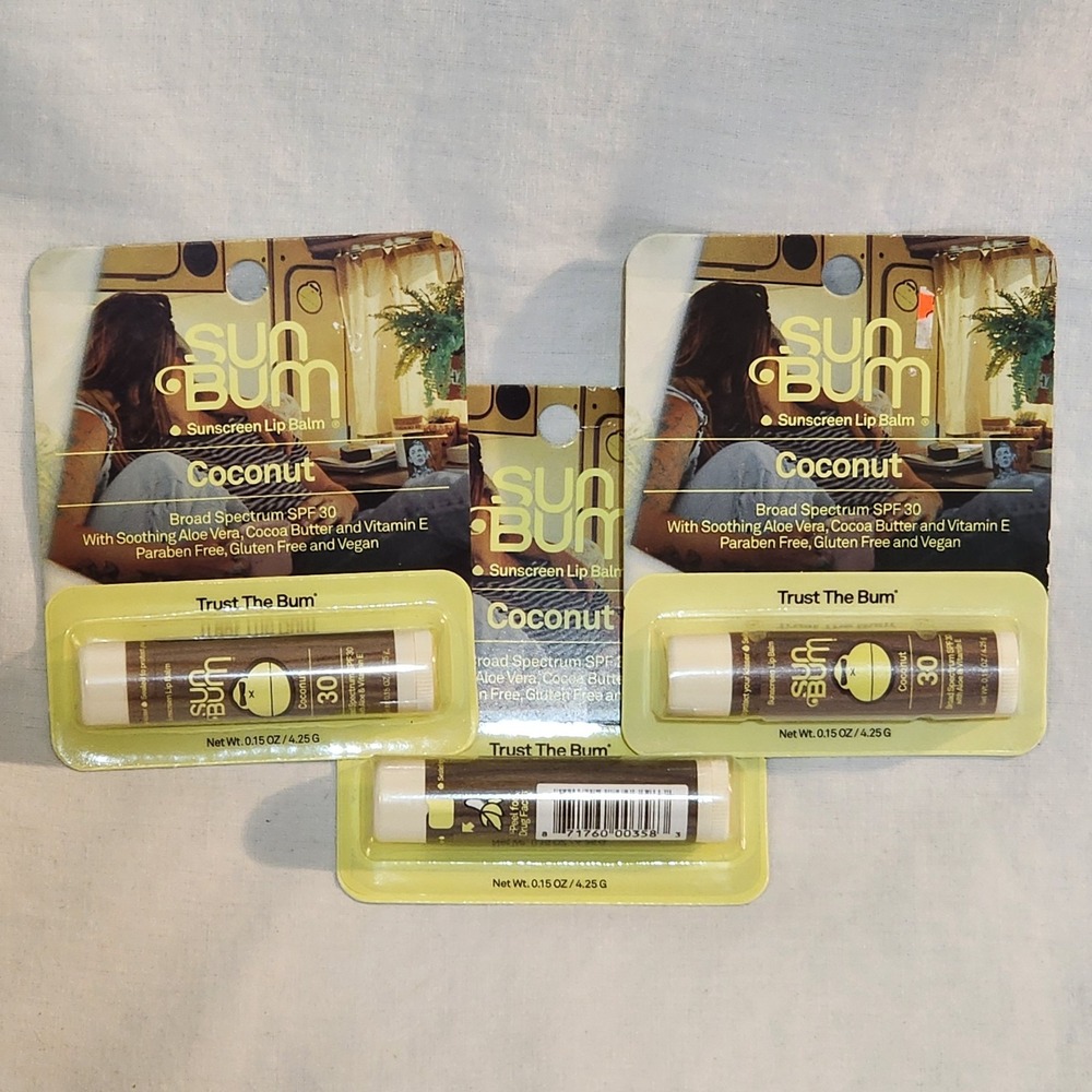 3 Sun Bum Coconut Sunscreen Broad Spectrum SPF 30 Lip Balm Aloe Cocoa E